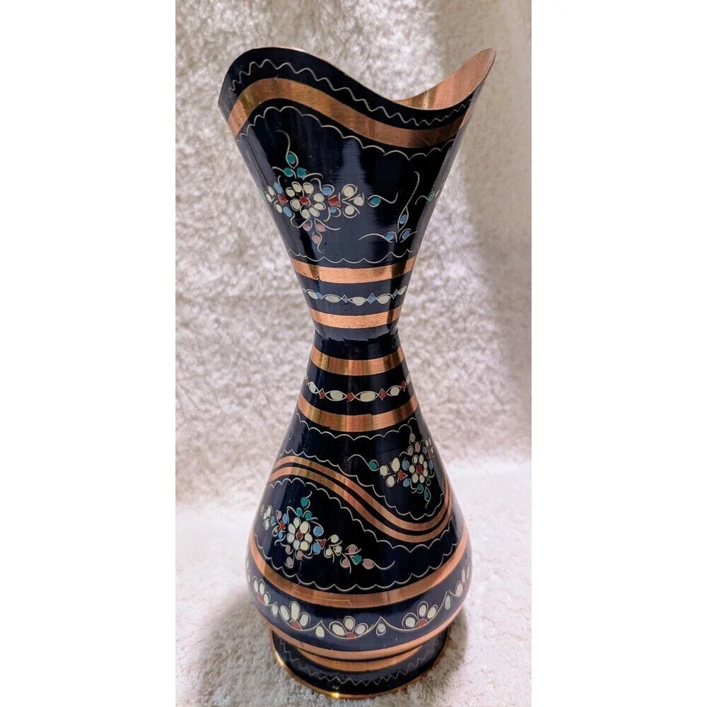 Vintage Turkish Hand Painted Brass Vase 10